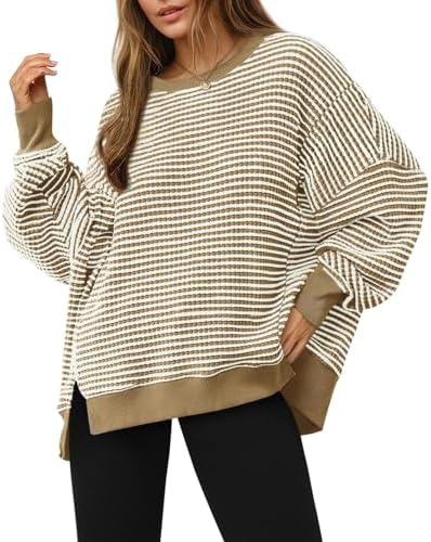 Women's Fall Oversized Sweatshirt Casual Waffle Kn Khaki - side angle