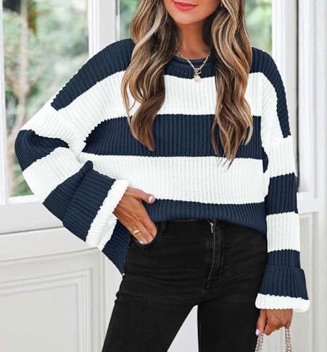 Womens Fall Winter Oversized Striped Knit Sweaters Navy - packaging