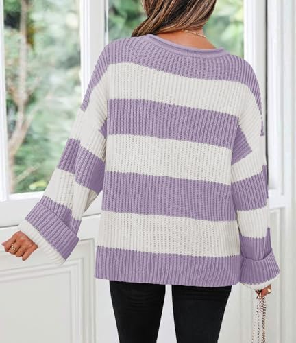 Womens Fall Winter Oversized Striped Knit Sweaters Lightpurple - color detail