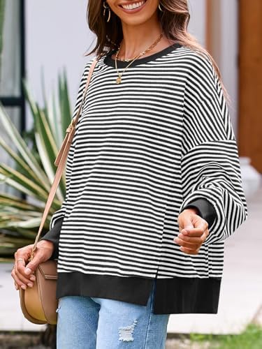 Women's Fall Oversized Sweatshirt Casual Waffle Kn Black - back view