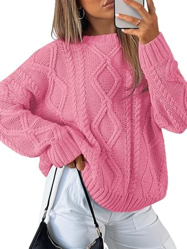 Women's Oversized Cable Knit Sweaters 2026 Fall Ou Rose Pink - side angle
