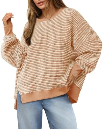 Women's Fall Oversized Sweatshirt Casual Waffle Kn Apricot - side angle