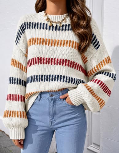 Womens Striped Fall Winter Sweaters Oversize Cozy  Ivory - color detail