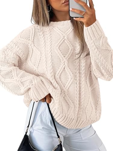 Women's Oversized Cable Knit Sweaters 2026 Fall Ou Cream - side angle