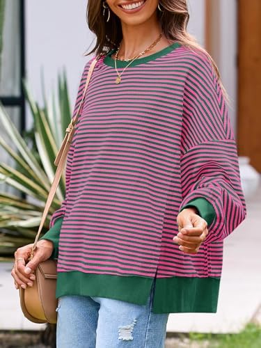 Women's Fall Oversized Sweatshirt Casual Waffle Kn Rose Red - back view