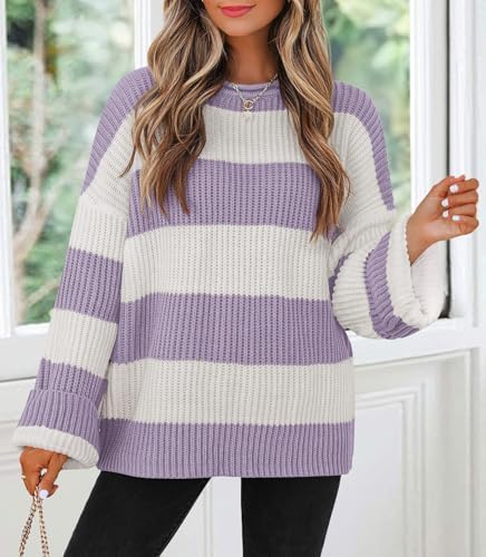 Womens Fall Winter Oversized Striped Knit Sweaters Lightpurple - in use