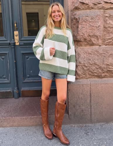 Womens Fall Winter Oversized Striped Knit Sweaters Green - color detail