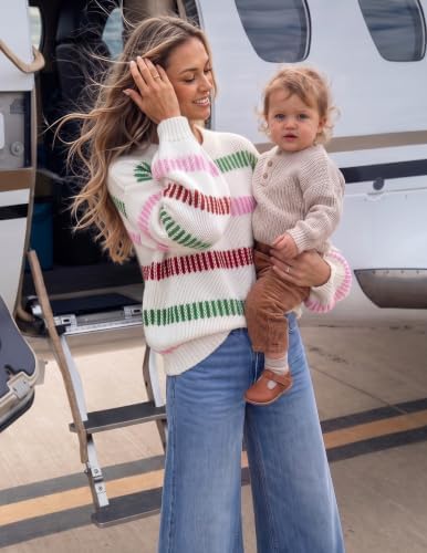 Womens Striped Fall Winter Sweaters Oversize Cozy  Green - back view