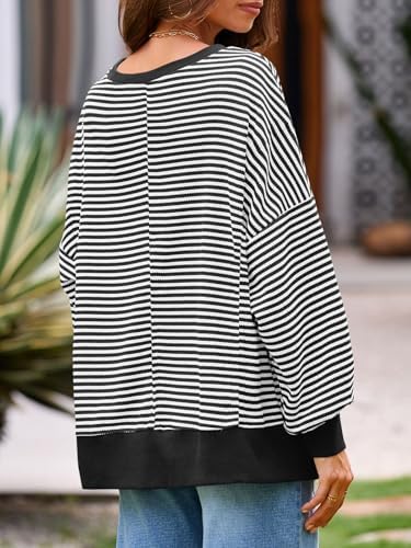 Women's Fall Oversized Sweatshirt Casual Waffle Kn Black - color detail