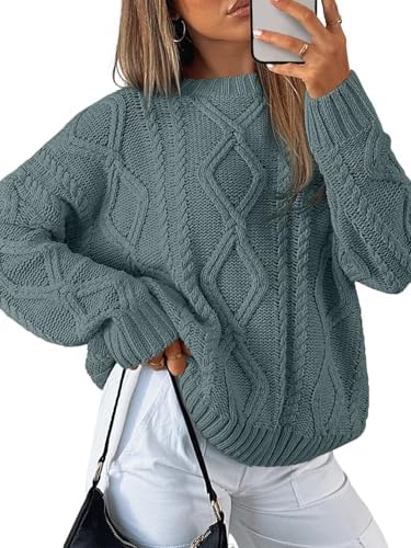 Women's Oversized Cable Knit Sweaters 2026 Fall Ou Dark Sage - side angle