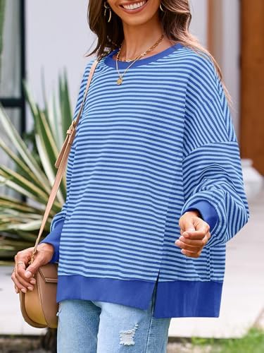 Women's Fall Oversized Sweatshirt Casual Waffle Kn Blue - back view