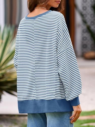 Women's Fall Oversized Sweatshirt Casual Waffle Kn Navy - color detail