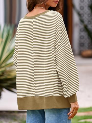 Women's Fall Oversized Sweatshirt Casual Waffle Kn Khaki - color detail
