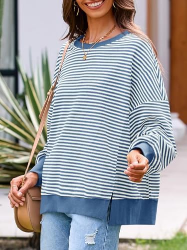 Women's Fall Oversized Sweatshirt Casual Waffle Kn Navy - back view