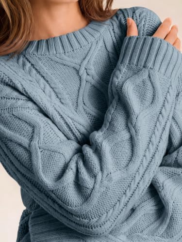 Women's Oversized Cable Knit Sweaters 2026 Fall Ou Dusty Blue - in use