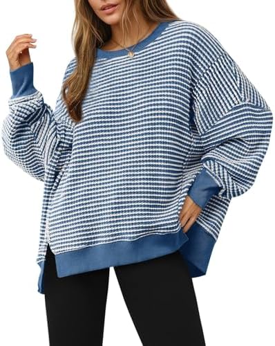 Women's Fall Oversized Sweatshirt Casual Waffle Kn Navy - side angle