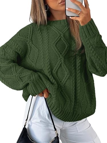 Women's Oversized Cable Knit Sweaters 2026 Fall Ou Army Green - side angle