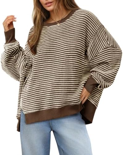 Women's Fall Oversized Sweatshirt Casual Waffle Kn Dark Brown - side angle