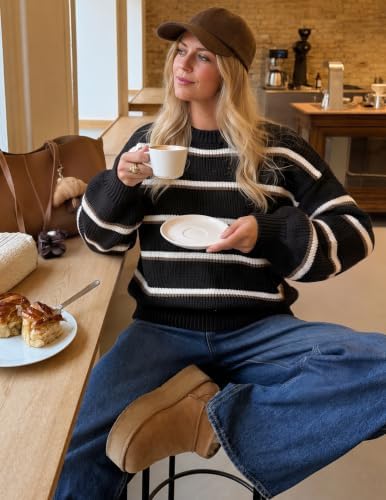 Womens Striped Fall Winter Sweaters Oversize Cozy  Black - color detail