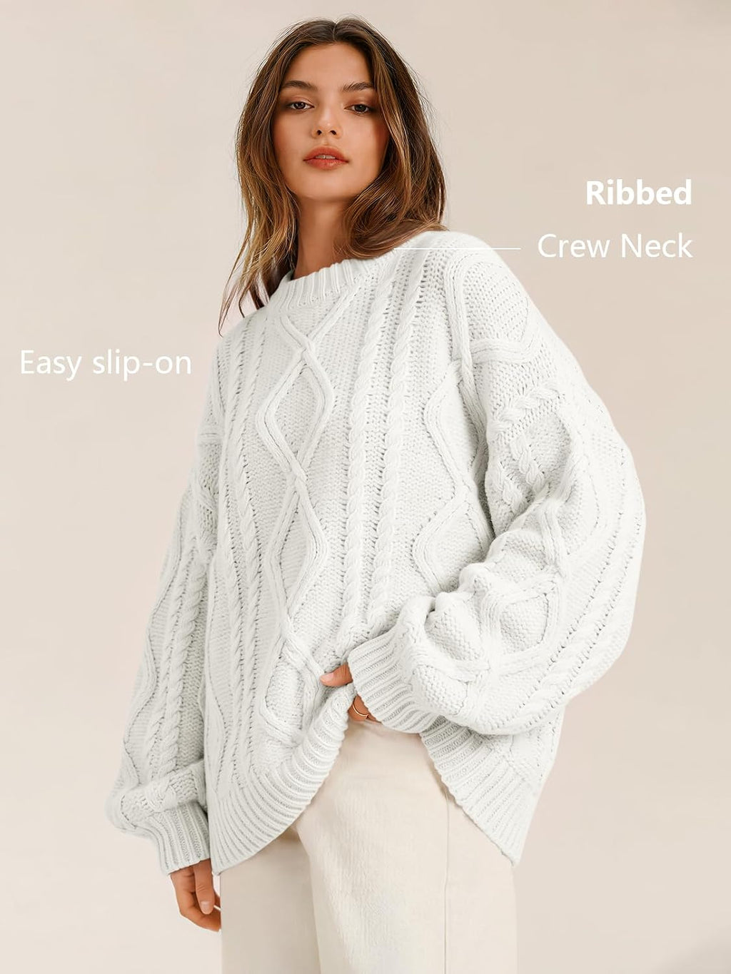 Women's Oversized Cable Knit Sweaters 2026 Fall Ou White - top view