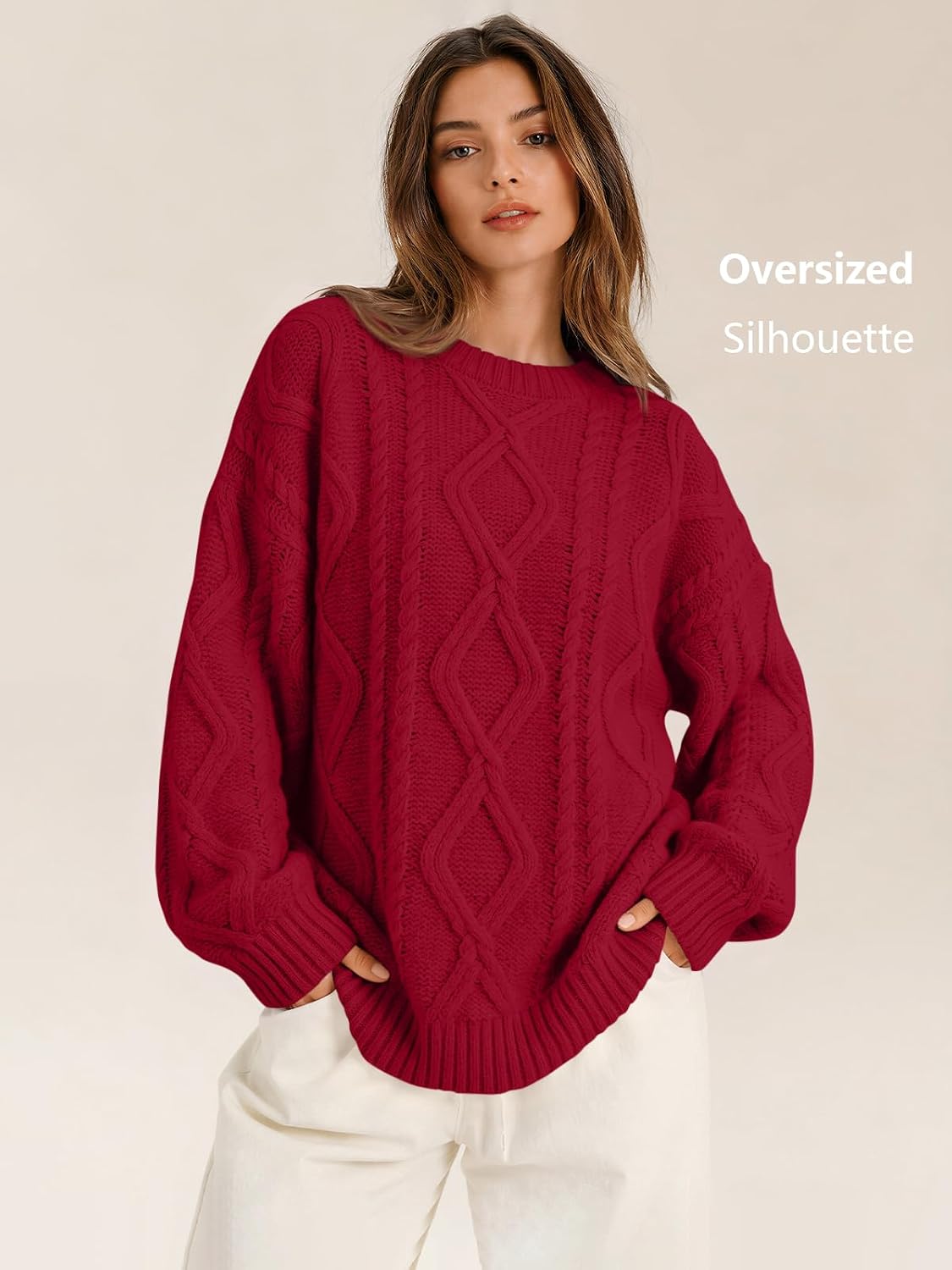 Women's Oversized Cable Knit Sweaters 2026 Fall Ou Red - fabric and fit