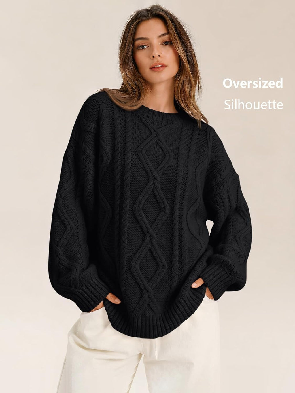 Women's Oversized Cable Knit Sweaters 2026 Fall Ou Black - fabric and fit
