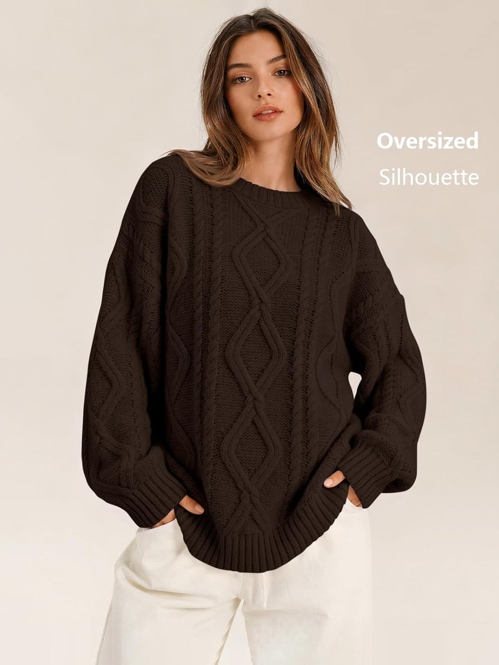 Women's Oversized Cable Knit Sweaters 2026 Fall Ou Cocoa - fabric and fit