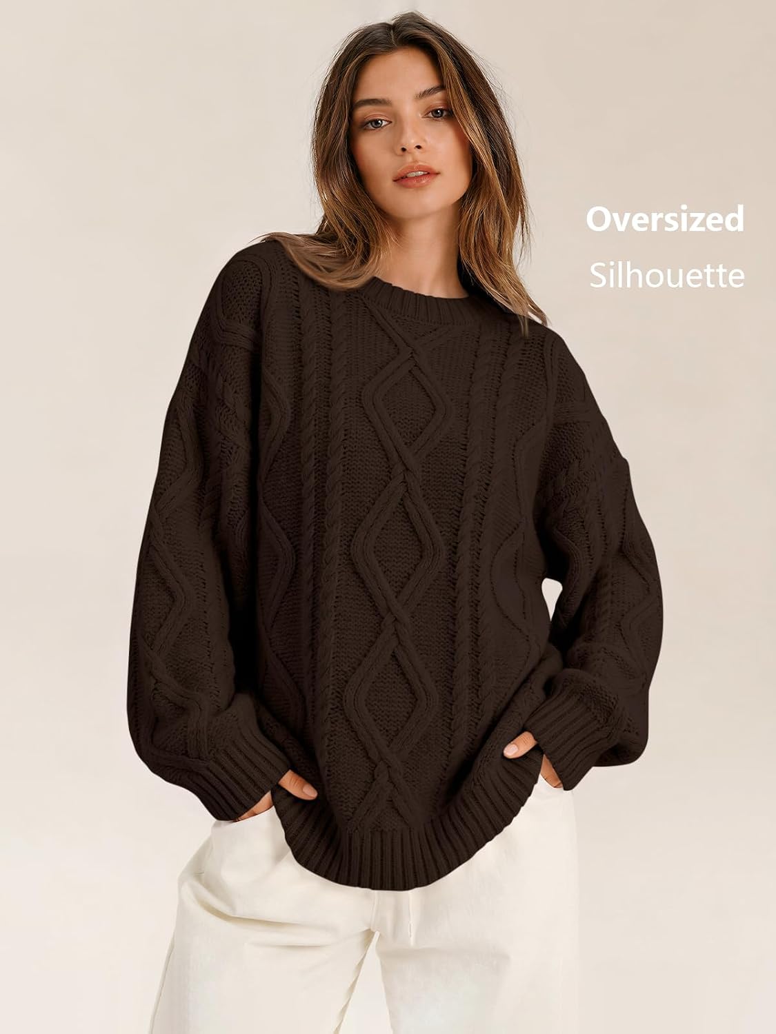 Women's Oversized Cable Knit Sweaters 2026 Fall Ou Cocoa - fabric and fit