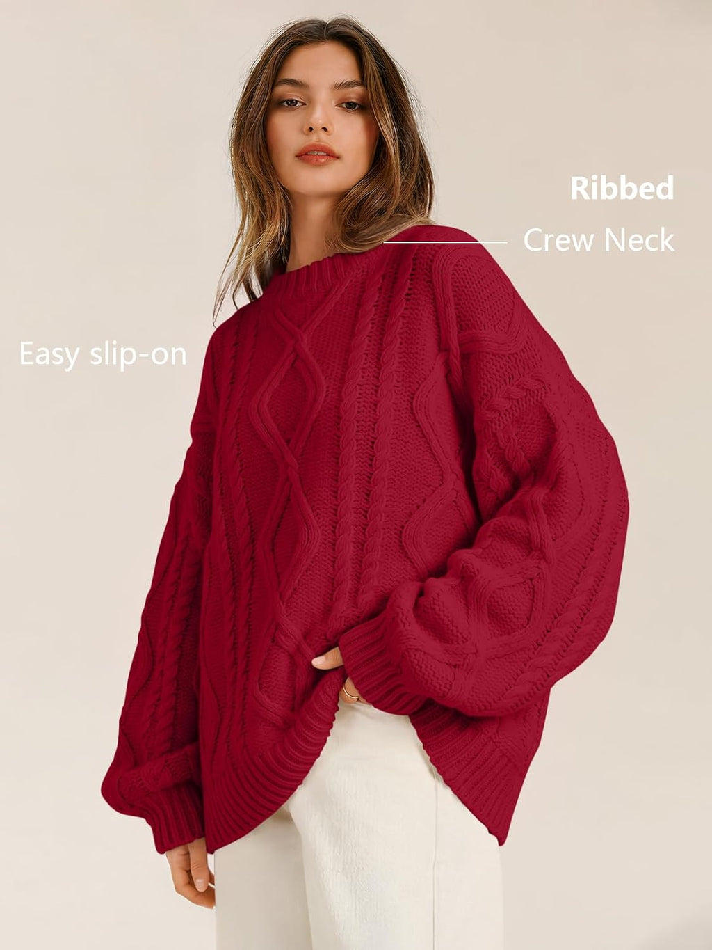 Women's Oversized Cable Knit Sweaters 2026 Fall Ou Red - top view