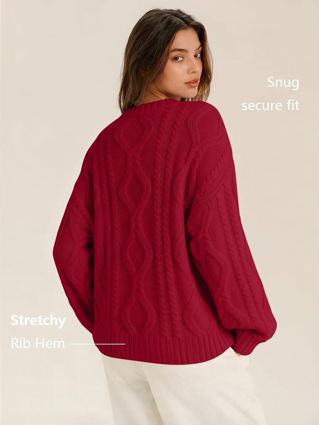 Women's Oversized Cable Knit Sweaters 2026 Fall Ou Red - lifestyle look