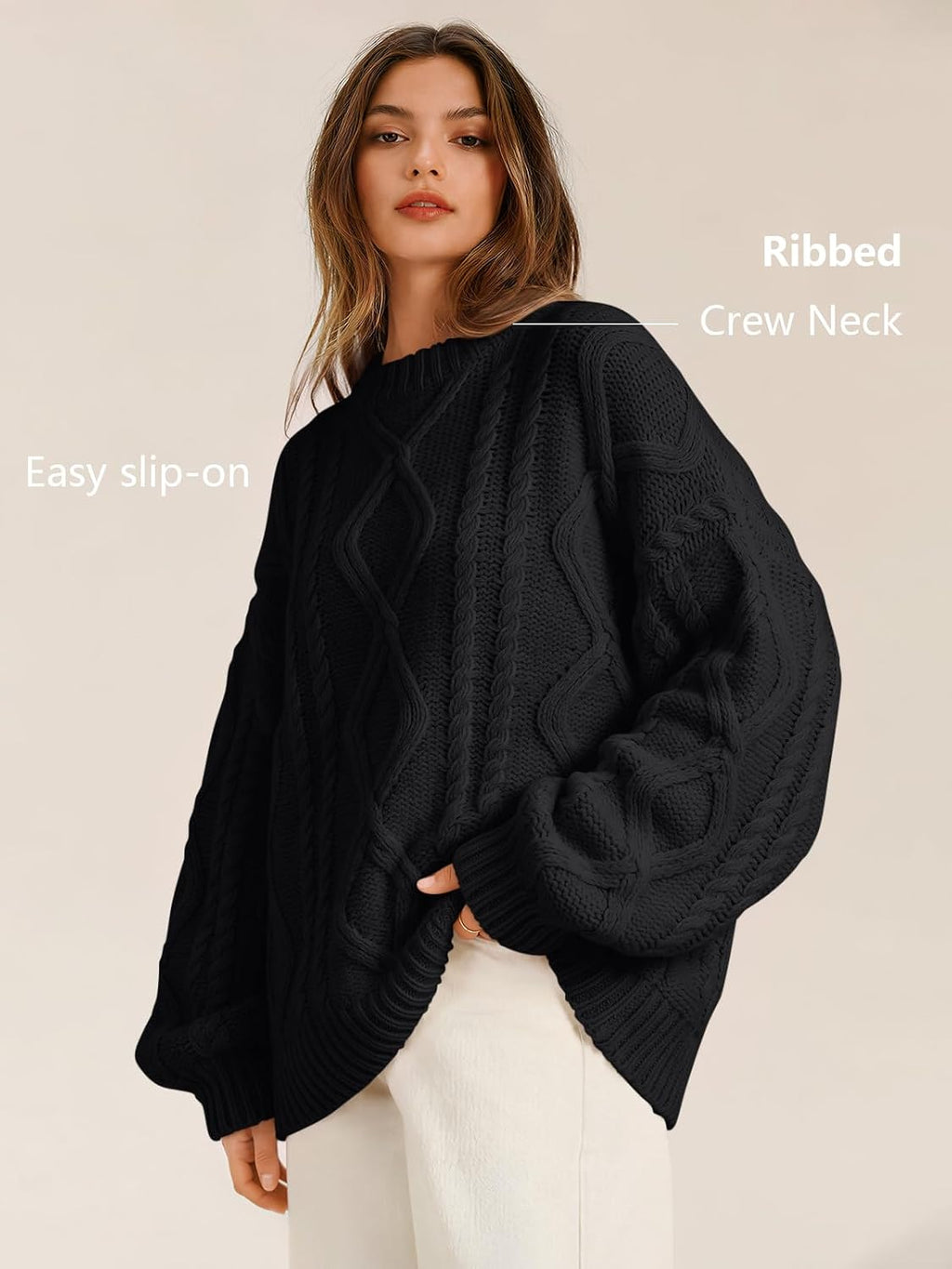 Women's Oversized Cable Knit Sweaters 2026 Fall Ou Black - top view