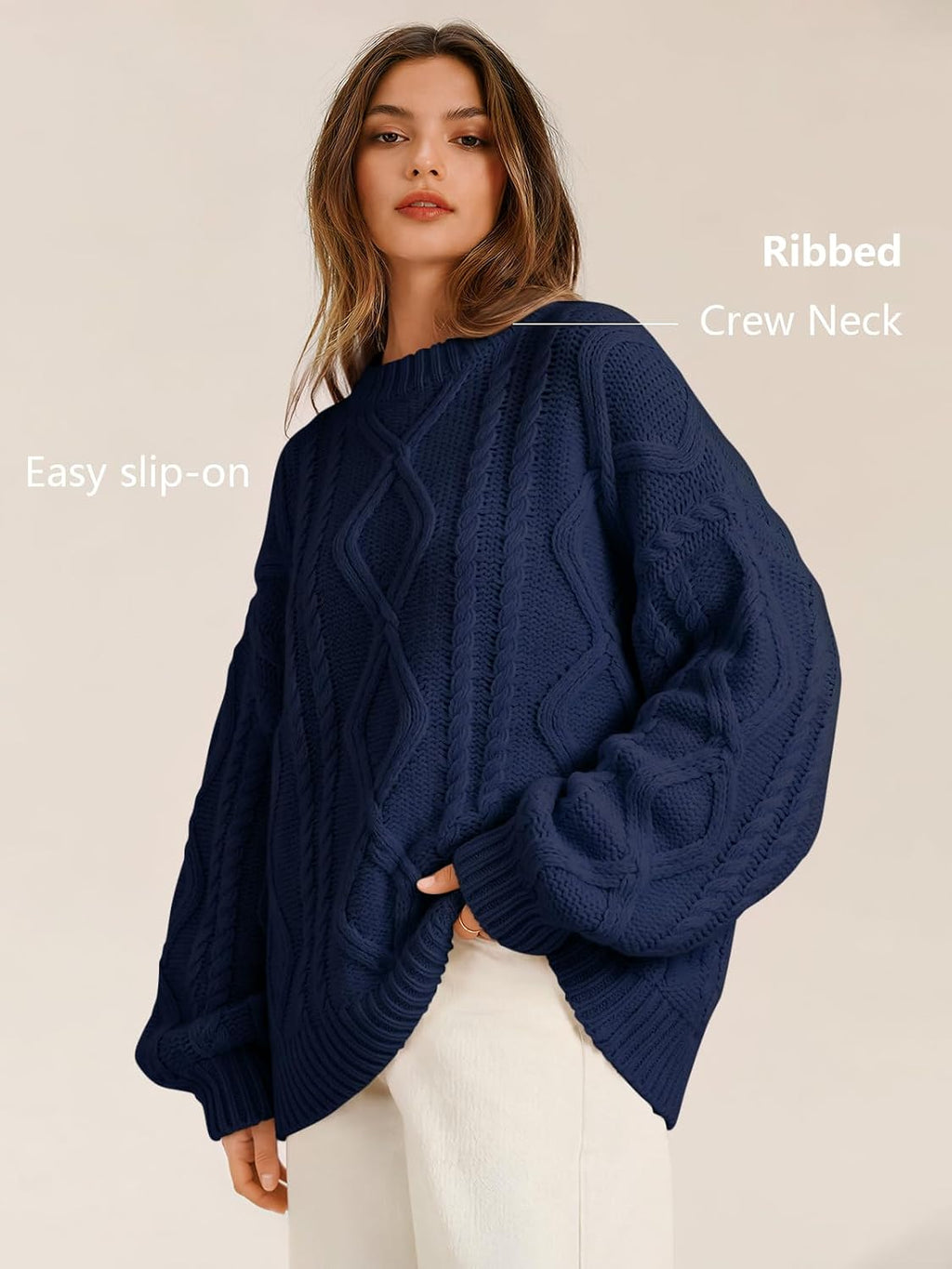 Women's Oversized Cable Knit Sweaters 2026 Fall Ou Navy Blue - top view