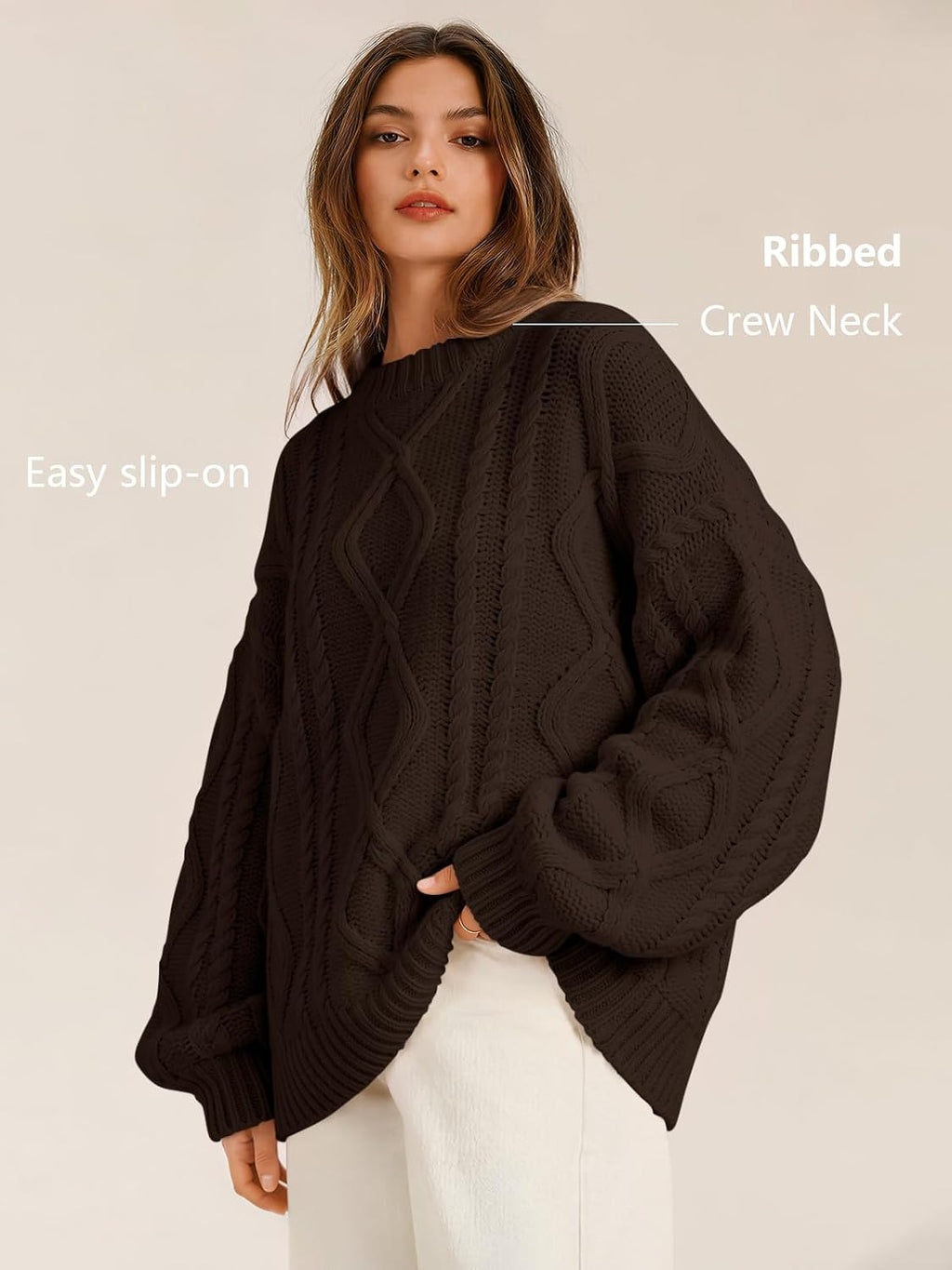 Women's Oversized Cable Knit Sweaters 2026 Fall Ou Cocoa - top view