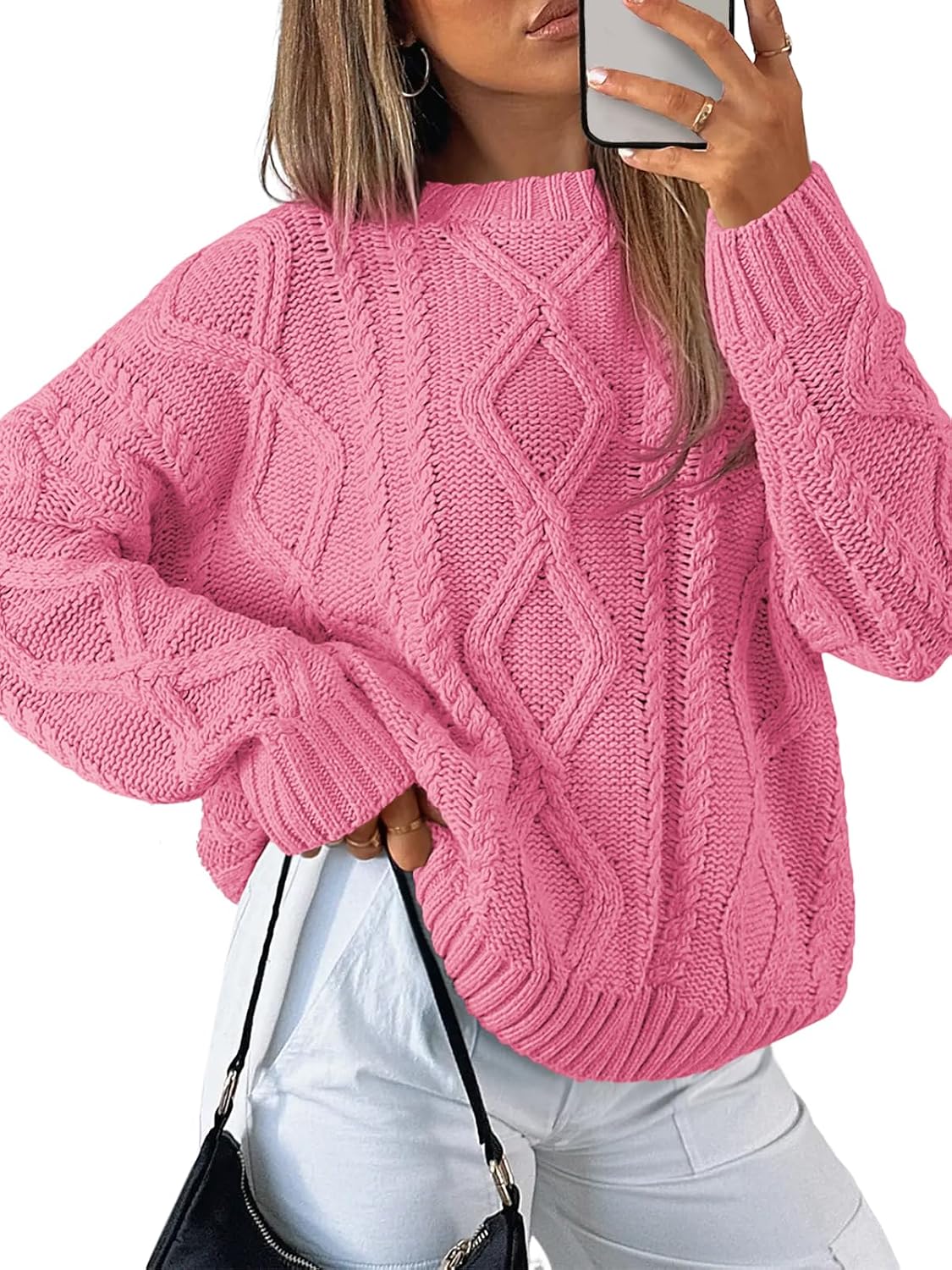 Women's Oversized Cable Knit Sweaters 2026 Fall Ou Rose Pink - front view