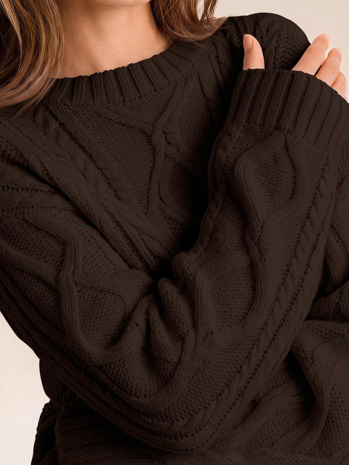 Women's Oversized Cable Knit Sweaters 2026 Fall Ou Cocoa - detail close-up