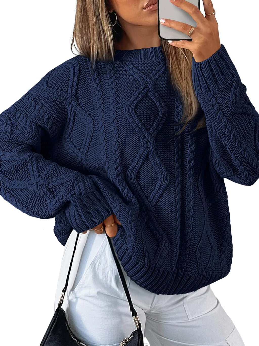 Women's Oversized Cable Knit Sweaters 2026 Fall Ou Navy Blue - front view