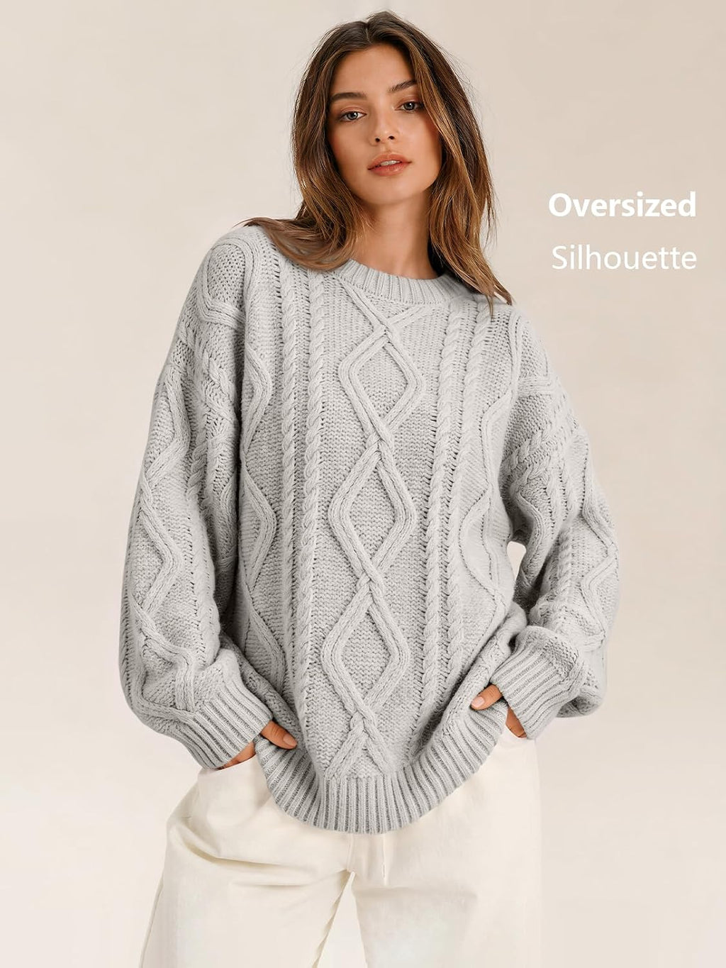 Women's Oversized Cable Knit Sweaters 2026 Fall Ou Pastel Gray - fabric and fit