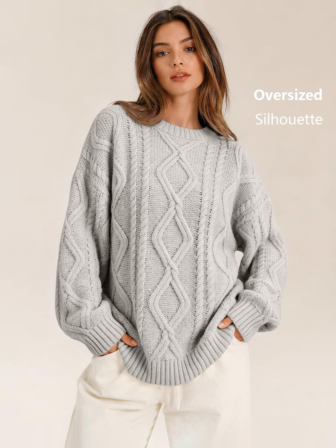 Women's Oversized Cable Knit Sweaters 2026 Fall Ou Pastel Gray - fabric and fit