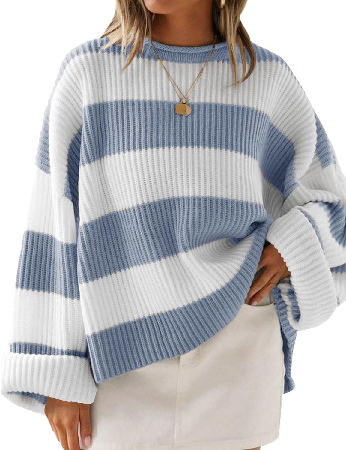 Womens Fall Winter Oversized Striped Knit Sweaters Blue - front view