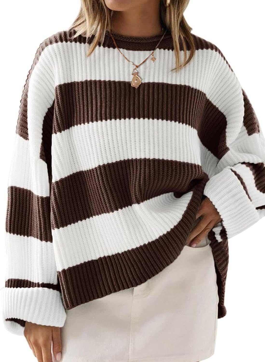 Womens Fall Winter Oversized Striped Knit Sweaters Coffee - front view