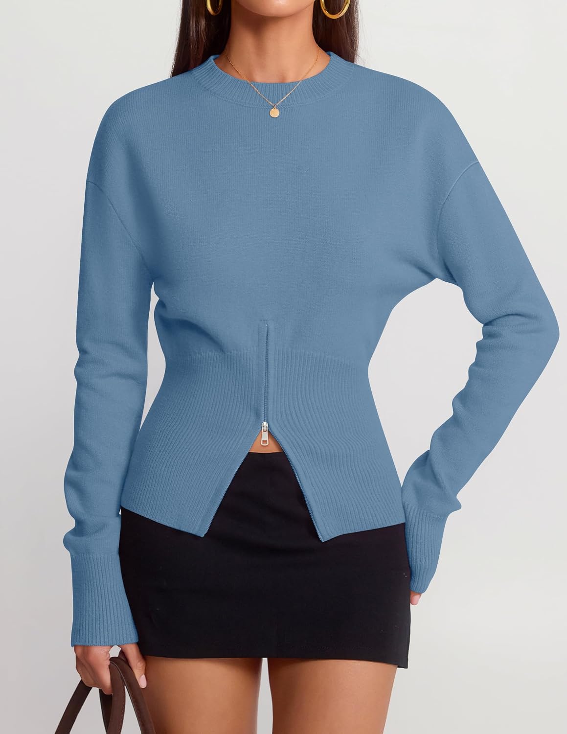 Women's Fall Zipper Pullover Sweaters 2026 Cozy Ri Dustyblue - detail close-up