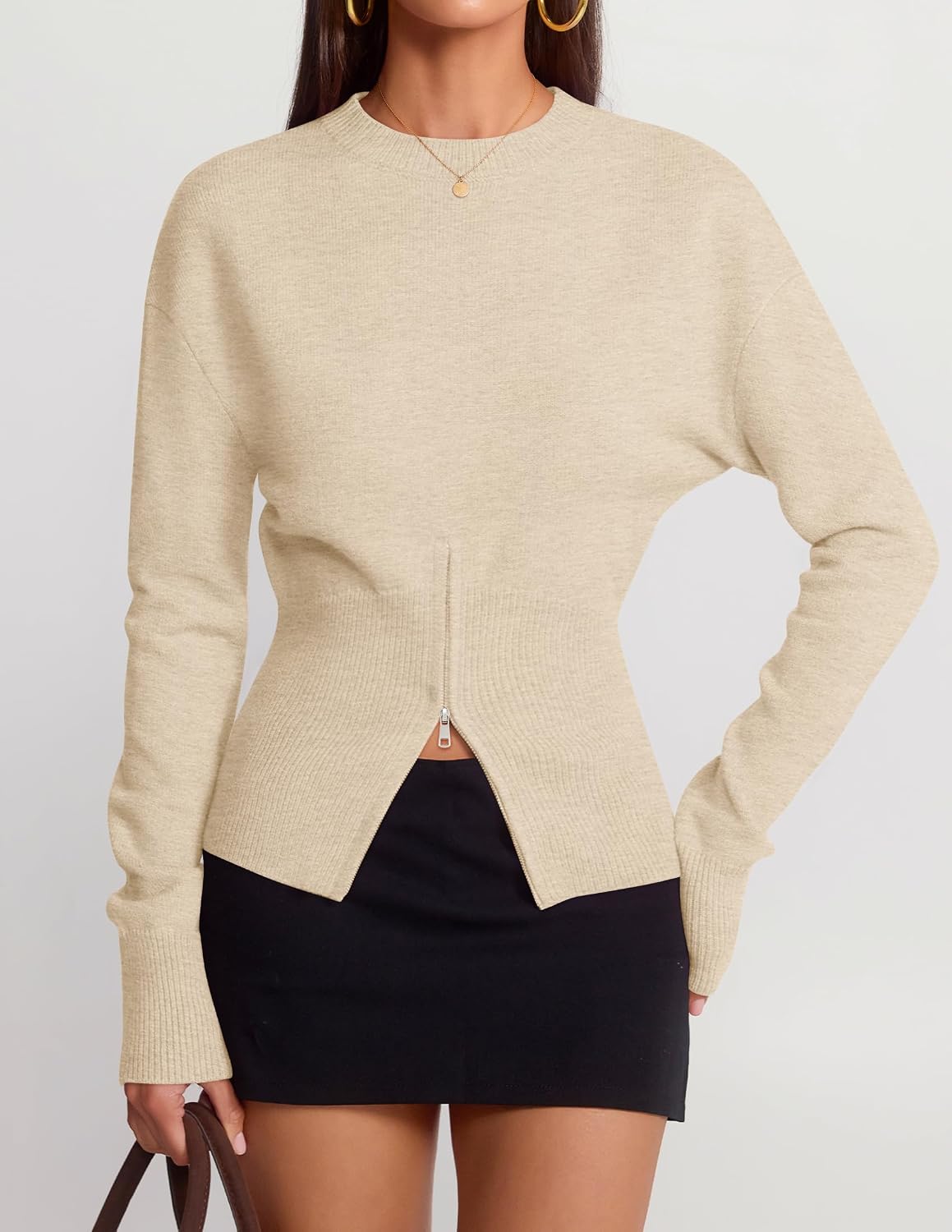 Women's Fall Zipper Pullover Sweaters 2026 Cozy Ri Apricot - detail close-up
