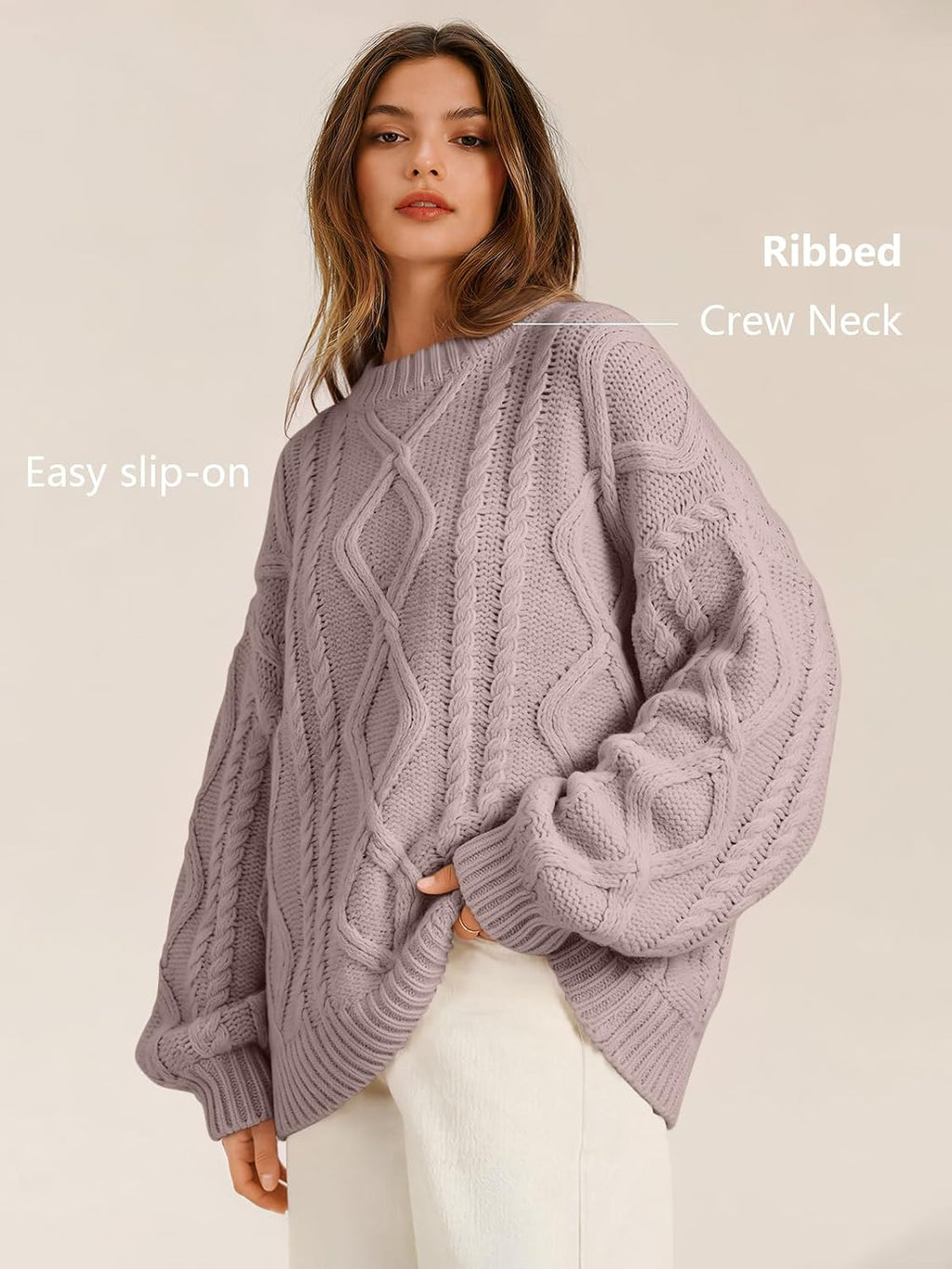 Women's Oversized Cable Knit Sweaters 2026 Fall Ou Light Mauve - top view