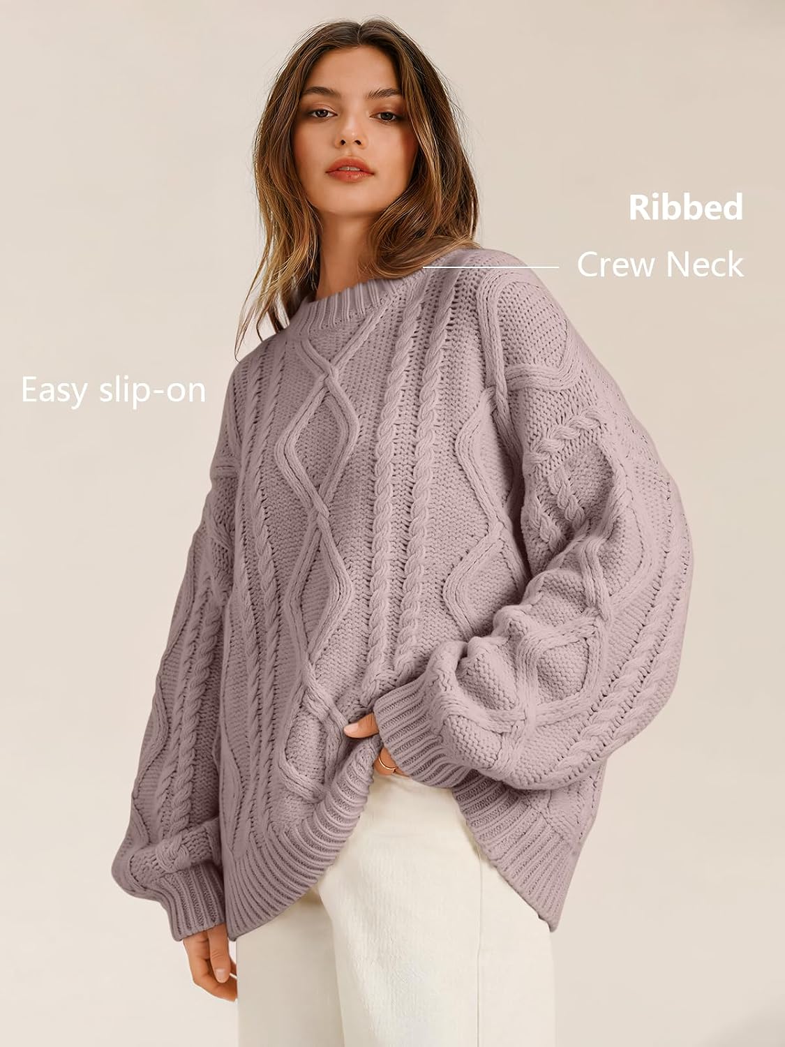 Women's Oversized Cable Knit Sweaters 2026 Fall Ou Light Mauve - top view