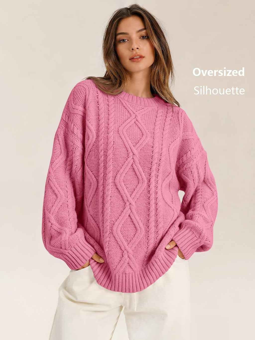 Women's Oversized Cable Knit Sweaters 2026 Fall Ou Rose Pink - fabric and fit