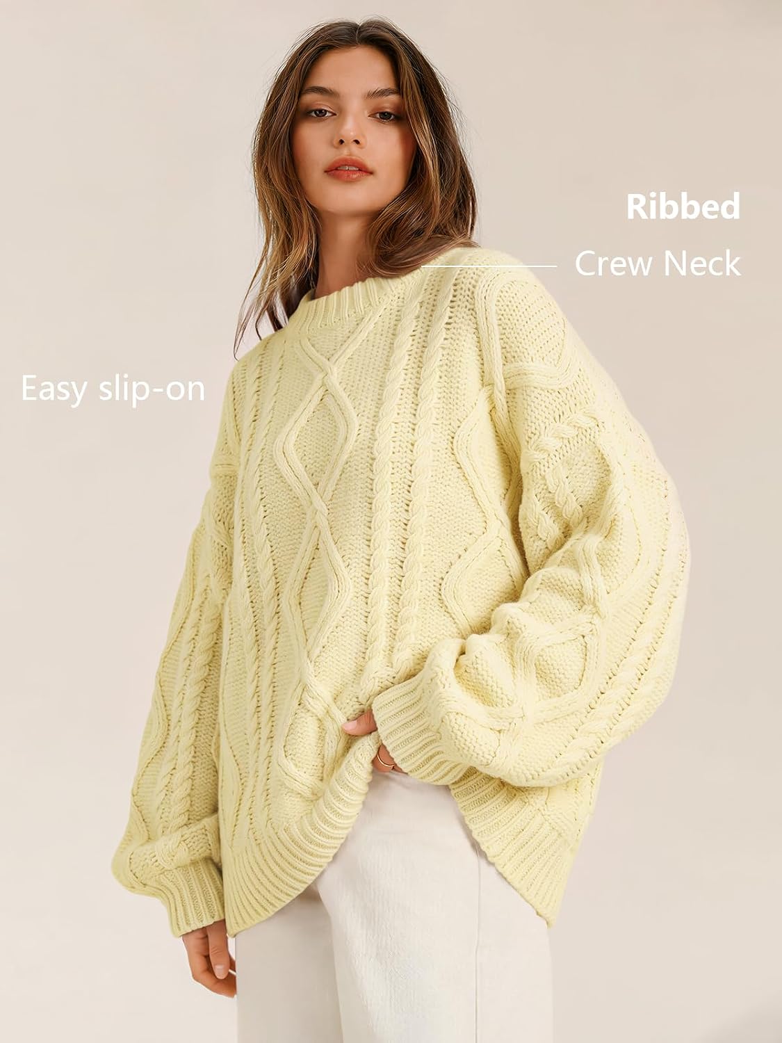 Women's Oversized Cable Knit Sweaters 2026 Fall Ou Creamy Corn - top view