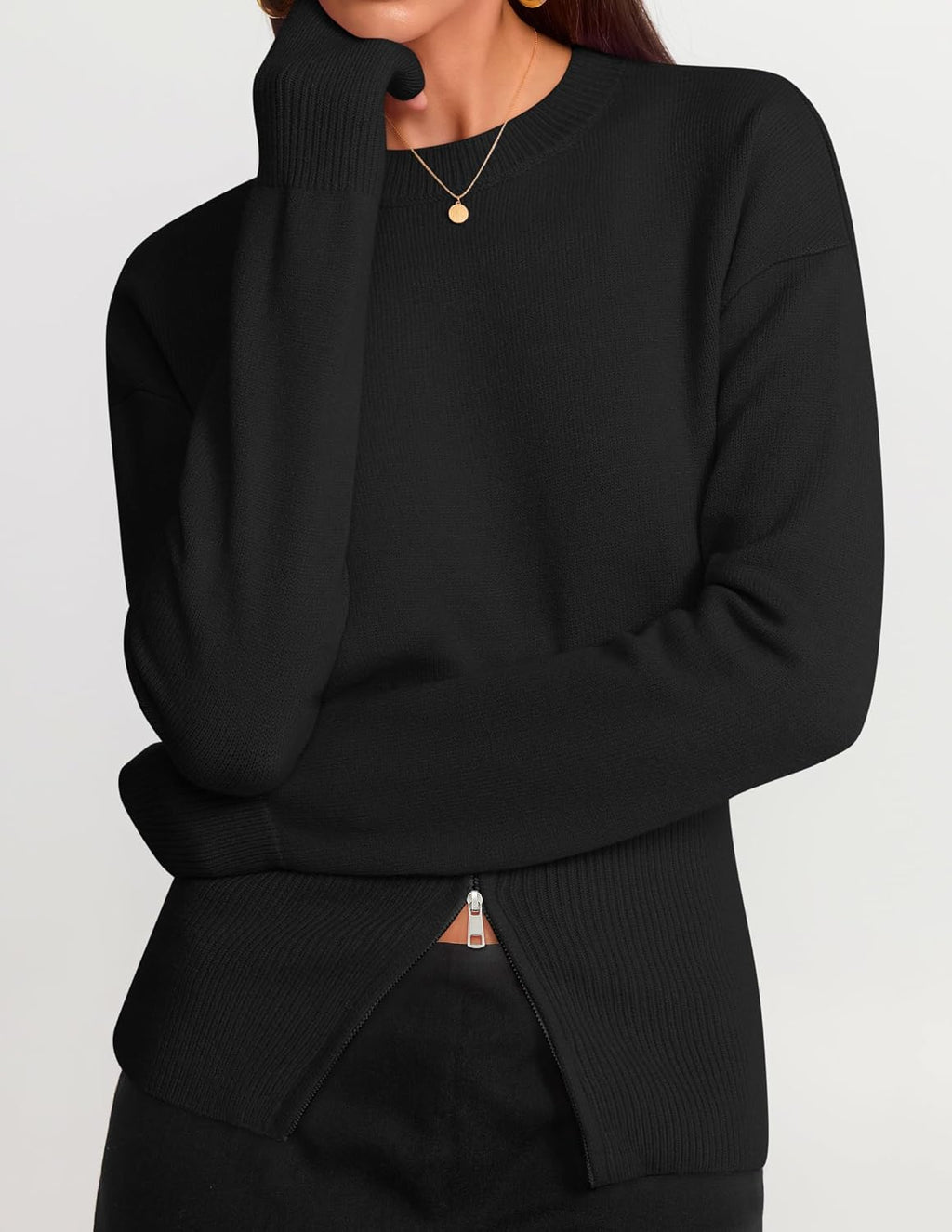 Women's Fall Zipper Pullover Sweaters 2026 Cozy Ri Black - top view