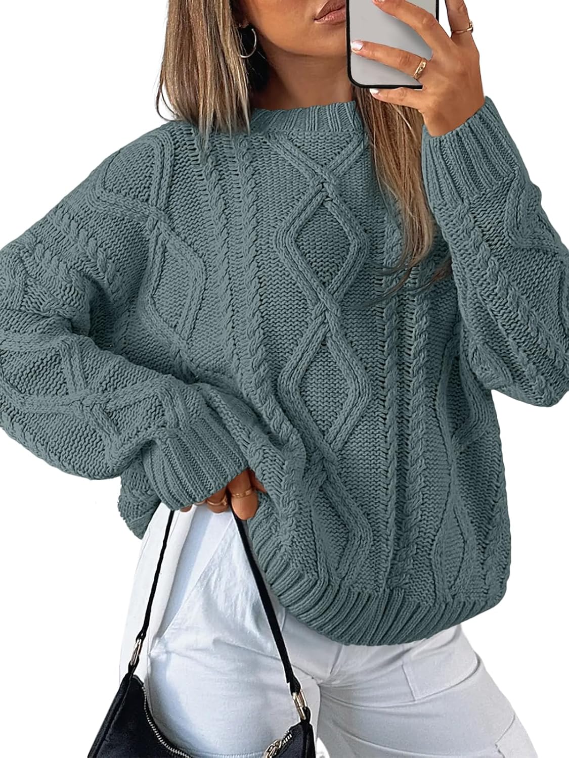 Women's Oversized Cable Knit Sweaters 2026 Fall Ou Dark Sage - front view