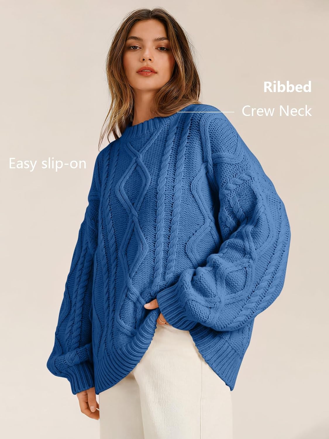 Women's Oversized Cable Knit Sweaters 2026 Fall Ou Azure Blue - top view