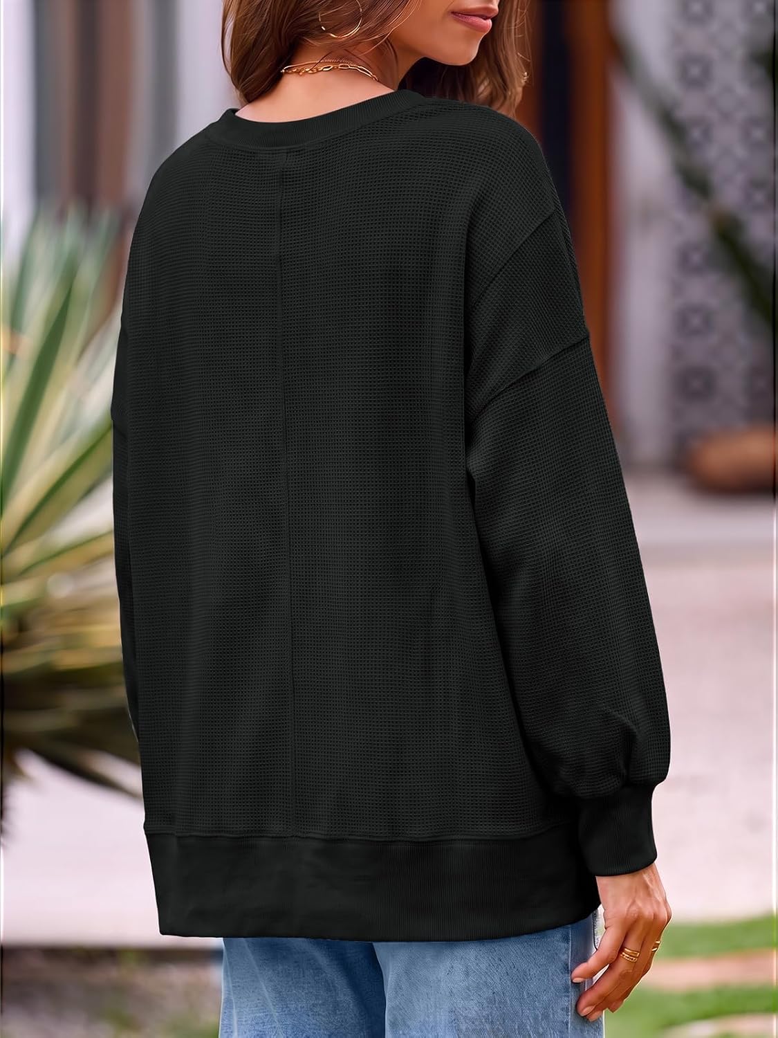 Women's Fall Oversized Sweatshirt Casual Waffle Kn Black-2 - top view